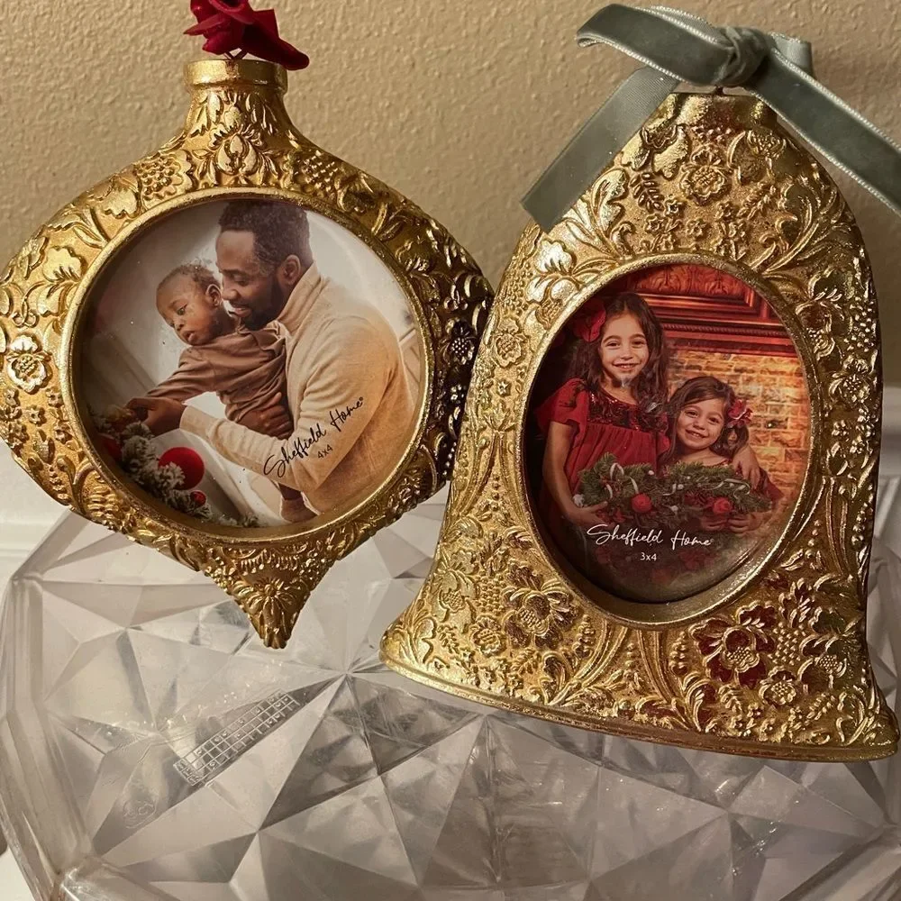 Sheffield Home Ornate Gold Ornament and Bell Shaped Picture Frames Velvet Bows